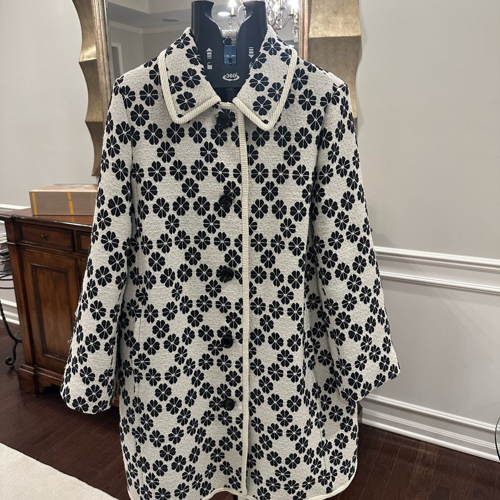 kate spade Black & White Floral Tweed Pea Coat